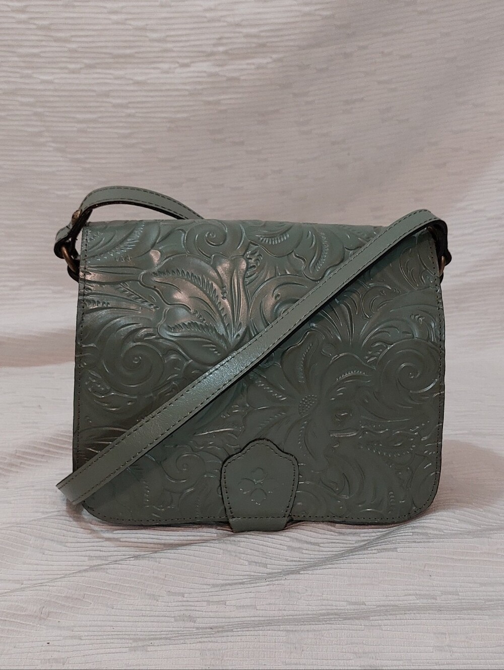 Patricia Nash Sage Green Embossed Floral Crossbody